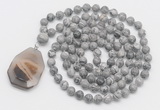 GMN4621 Hand-knotted 8mm, 10mm grey picture jasper 108 beads mala necklace with pendant