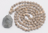 GMN4624 Hand-knotted 8mm, 10mm feldspar 108 beads mala necklace with pendant