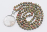 GMN4625 Hand-knotted 8mm, 10mm unakite 108 beads mala necklace with pendant