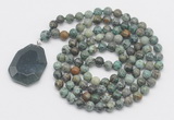 GMN4628 Hand-knotted 8mm, 10mm African turquoise 108 beads mala necklace with pendant