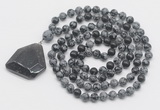 GMN4629 Hand-knotted 8mm, 10mm snowflake obsidian 108 beads mala necklace with pendant