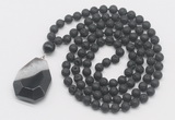 GMN4632 Hand-knotted 8mm, 10mm black lava 108 beads mala necklace with pendant