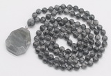 GMN4633 Hand-knotted 8mm, 10mm black labradorite 108 beads mala necklace with pendant