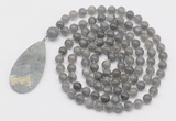 GMN4634 Hand-knotted 8mm, 10mm labradorite 108 beads mala necklace with pendant