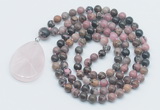 GMN4635 Hand-knotted 8mm, 10mm rhodonite 108 beads mala necklace with pendant