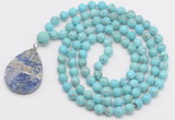 GMN4643 Hand-knotted 8mm, 10mm blue howlite 108 beads mala necklace with pendant