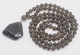 GMN4648 Hand-knotted 8mm, 10mm smoky quartz 108 beads mala necklace with pendant