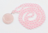 GMN4650 Hand-knotted 8mm, 10mm rose quartz 108 beads mala necklace with pendant