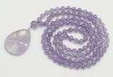 GMN4651 Hand-knotted 8mm, 10mm amethyst 108 beads mala necklace with pendant