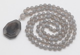 GMN4658 Hand-knotted 8mm, 10mm grey agate 108 beads mala necklace with pendant