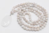 GMN4660 Hand-knotted 8mm, 10mm white crazy agate 108 beads mala necklace with pendant