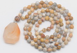 GMN4661 Hand-knotted 8mm, 10mm yellow crazy agate 108 beads mala necklace with pendant