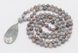 GMN4663 Hand-knotted 8mm, 10mm silver needle agate 108 beads mala necklace with pendant