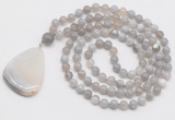 GMN4665 Hand-knotted 8mm, 10mm grey banded agate 108 beads mala necklace with pendant