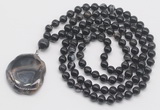 GMN4666 Hand-knotted 8mm, 10mm black banded agate 108 beads mala necklace with pendant