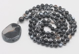 GMN4667 Hand-knotted 8mm, 10mm black banded agate 108 beads mala necklace with pendant