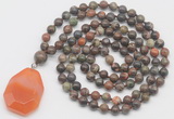 GMN4668 Hand-knotted 8mm, 10mm ocean agate 108 beads mala necklace with pendant