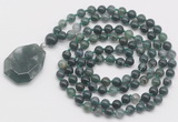 GMN4669 Hand-knotted 8mm, 10mm moss agate 108 beads mala necklace with pendant