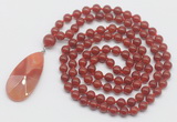 GMN4671 Hand-knotted 8mm, 10mm red agate 108 beads mala necklace with pendant