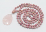 GMN4672 Hand-knotted 8mm, 10mm pink wooden jasper 108 beads mala necklace with pendant