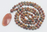 GMN4675 Hand-knotted 8mm, 10mm picasso jasper 108 beads mala necklace with pendant