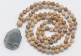 GMN4676 Hand-knotted 8mm, 10mm picture jasper 108 beads mala necklace with pendant