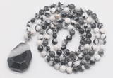 GMN4678 Hand-knotted 8mm, 10mm black & white jasper 108 beads mala necklace with pendant