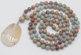 GMN4681 Hand-knotted 8mm, 10mm serpentine jasper 108 beads mala necklace with pendant