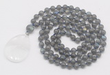 GMN4693 Hand-knotted 8mm, 10mm labradorite 108 beads mala necklace with pendant