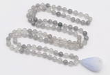 GMN4802 Hand-knotted 8mm, 10mm cloudy quartz 108 beads mala necklace with pendant