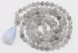 GMN4803 Hand-knotted 8mm, 10mm cloudy quartz 108 beads mala necklace with pendant