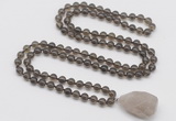 GMN4804 Hand-knotted 8mm, 10mm smoky quartz 108 beads mala necklace with pendant