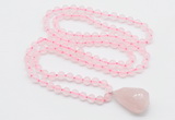 GMN4808 Hand-knotted 8mm, 10mm rose quartz 108 beads mala necklace with pendant