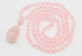 GMN4809 Hand-knotted 8mm, 10mm rose quartz 108 beads mala necklace with pendant