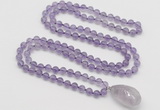 GMN4810 Hand-knotted 8mm, 10mm amethyst 108 beads mala necklace with pendant