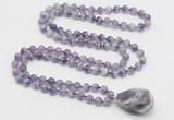 GMN4812 Hand-knotted 8mm, 10mm dogtooth amethyst 108 beads mala necklace with pendant