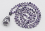 GMN4813 Hand-knotted 8mm, 10mm dogtooth amethyst 108 beads mala necklace with pendant