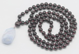 GMN4815 Hand-knotted 8mm, 10mm garnet 108 beads mala necklace with pendant