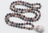 GMN4816 Hand-knotted 8mm, 10mm tourmaline 108 beads mala necklace with pendant