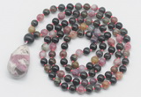 GMN4817 Hand-knotted 8mm, 10mm tourmaline 108 beads mala necklace with pendant