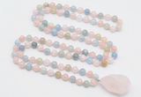 GMN4818 Hand-knotted 8mm, 10mm morganite 108 beads mala necklace with pendant