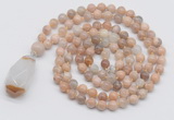 GMN4823 Hand-knotted 8mm, 10mm sunstone 108 beads mala necklace with pendant