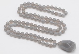 GMN4824 Hand-knotted 8mm, 10mm grey agate 108 beads mala necklace with pendant