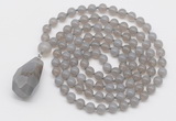 GMN4825 Hand-knotted 8mm, 10mm grey agate 108 beads mala necklace with pendant