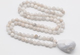 GMN4828 Hand-knotted 8mm, 10mm white crazy agate 108 beads mala necklace with pendant