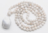 GMN4829 Hand-knotted 8mm, 10mm white crazy agate 108 beads mala necklace with pendant