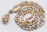 GMN4831 Hand-knotted 8mm, 10mm yellow crazy agate 108 beads mala necklace with pendant