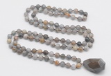 GMN4834 Hand-knotted 8mm, 10mm silver needle agate 108 beads mala necklace with pendant