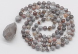 GMN4837 Hand-knotted 8mm, 10mm Botswana agate 108 beads mala necklace with pendant