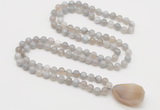 GMN4838 Hand-knotted 8mm, 10mm grey banded agate 108 beads mala necklace with pendant